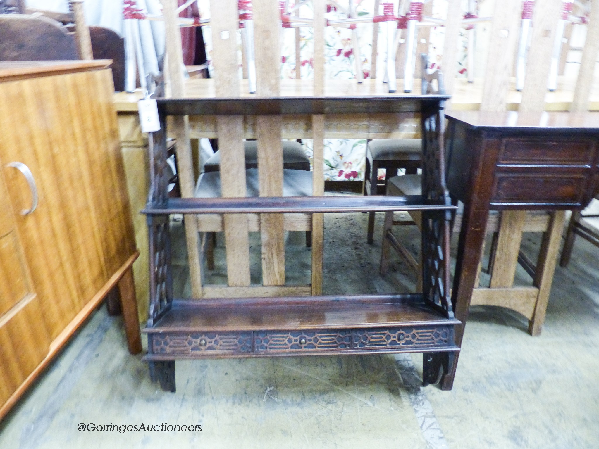 A George III style mahogany wall shelf, width 74cm, height 93cm together with a mahogany side table